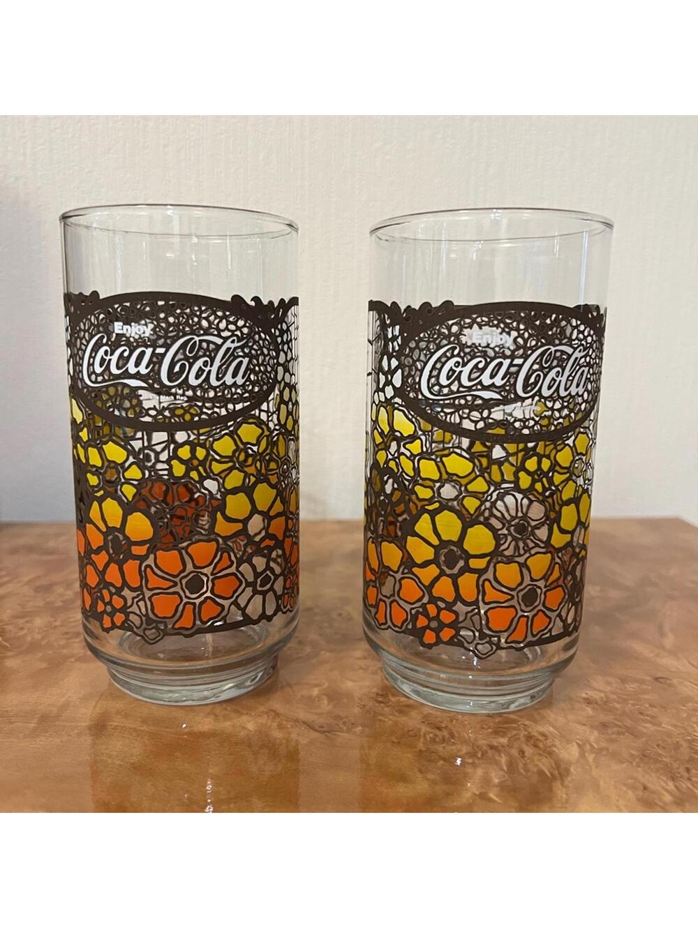 Vintage Coca-Cola Glass‎ Set with Orange and Yellow 1970’s Floral Design